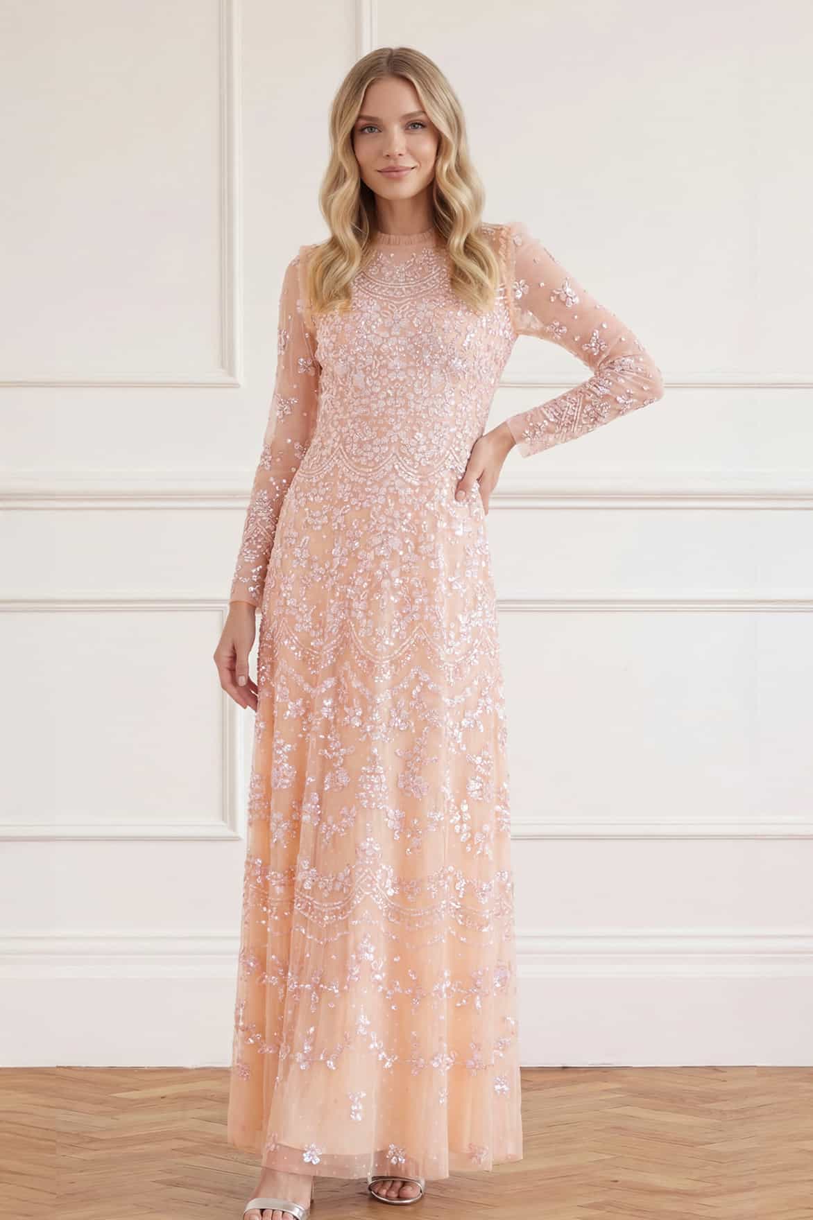 long sleeve blush pink dress ZAPAKA Women Blush Formal Dress with Long Sleeves A-Line Chiffon V-Neck Party Dress, Blush Pink / L