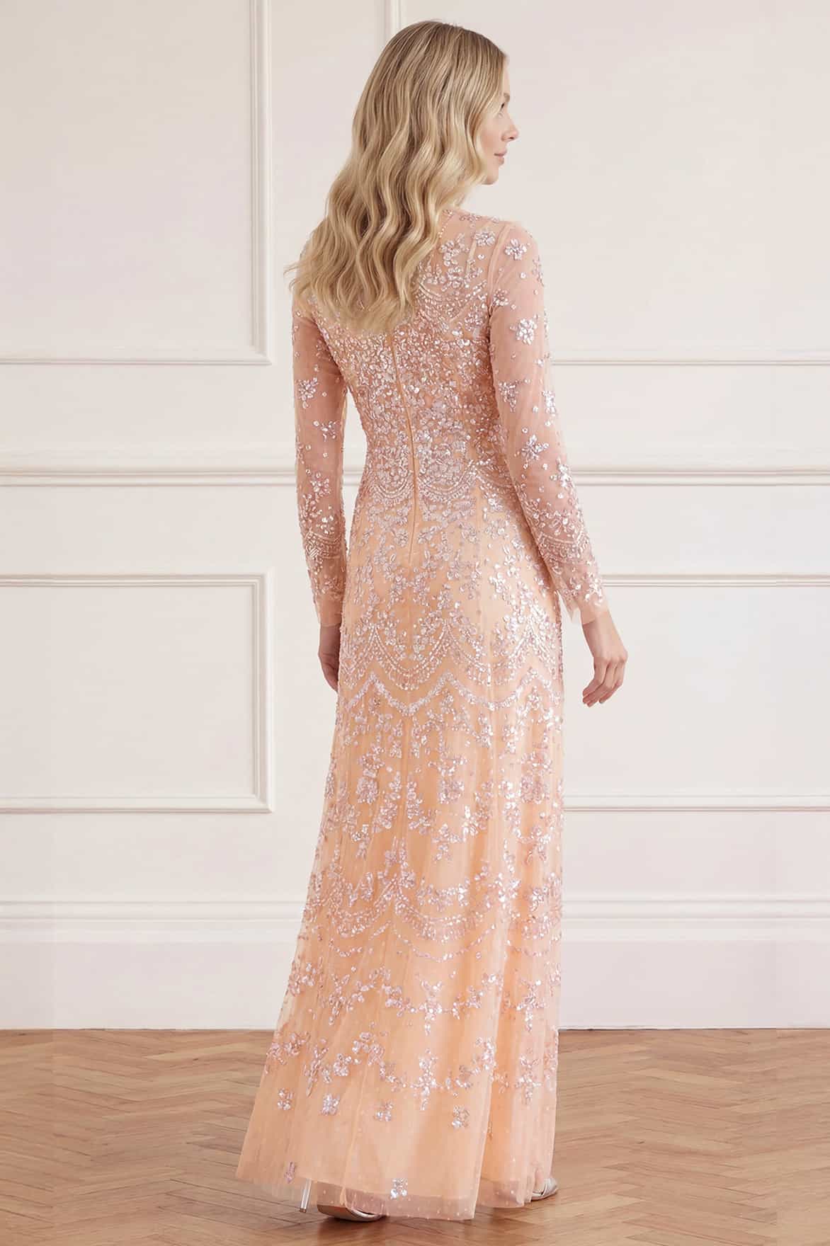 blush pink evening dresses with sleeves Blush Pink Formal Maxi Dresses Open Back Lace Sleeve Beach Wedding Guest Dresses APD3449