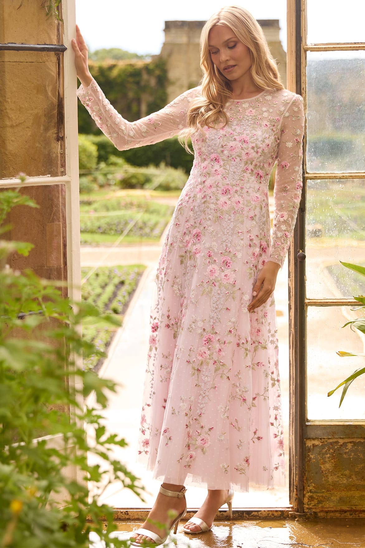 Garden Rose Long Sleeve Ankle Gown – Pink