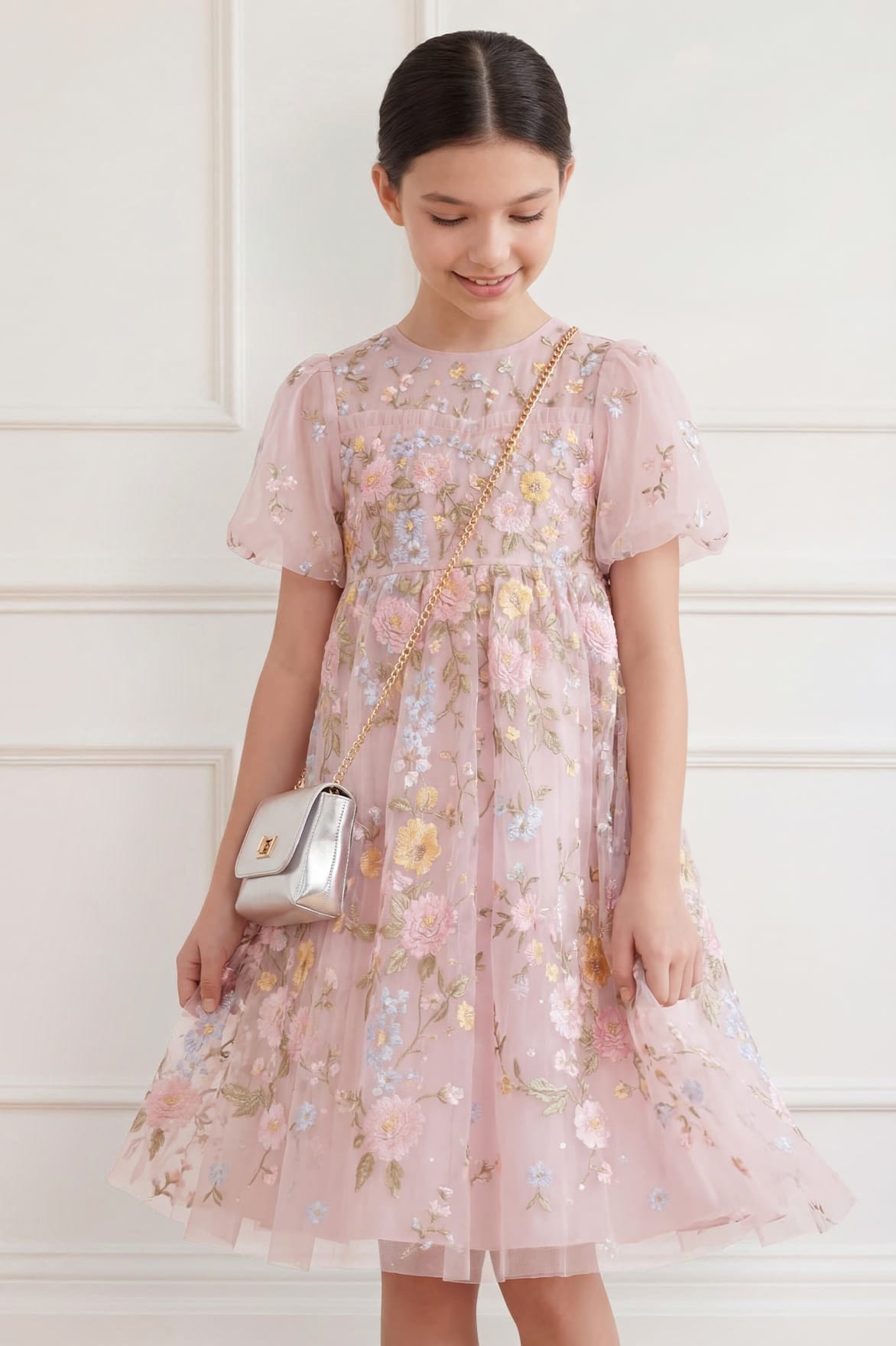 Garden Rose Puff Sleeve Kids Dress – Pink