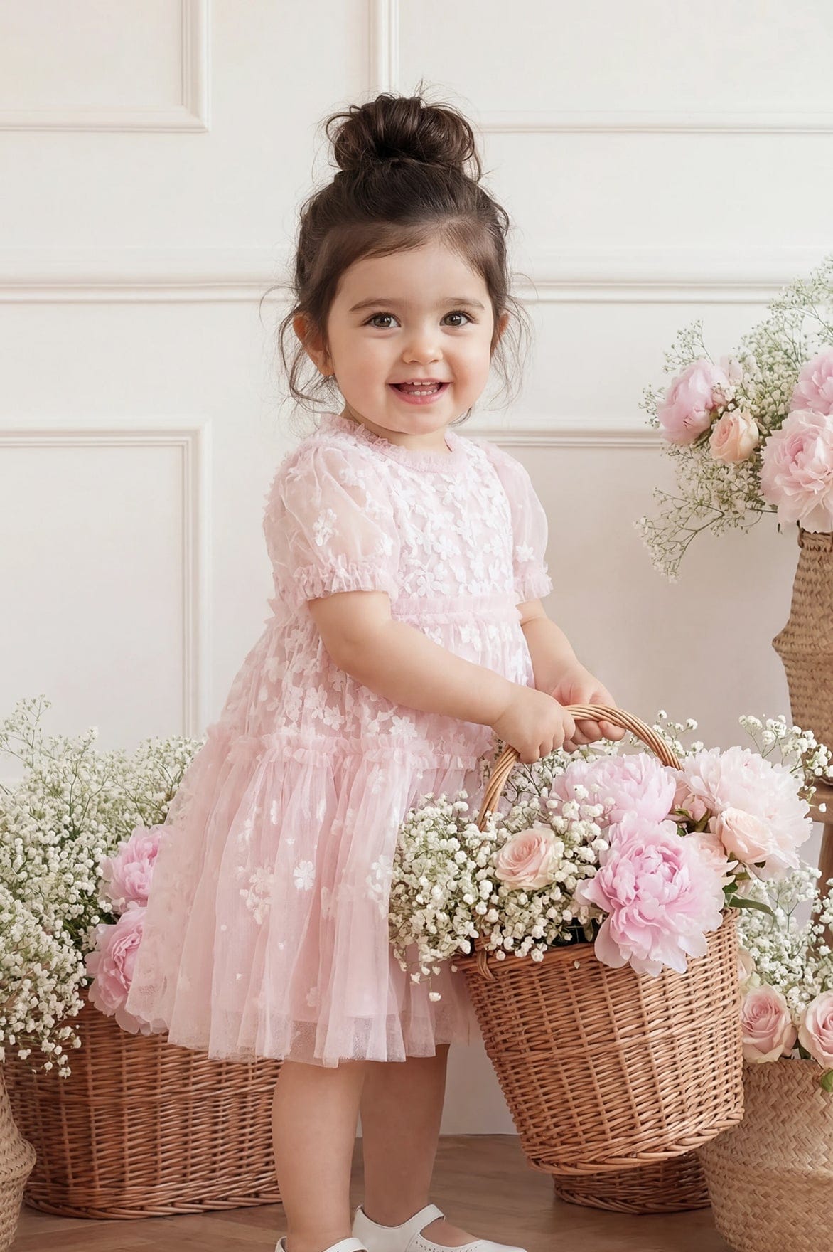 cream dress with pink flowers Vintage Cream Floral Dress-Large