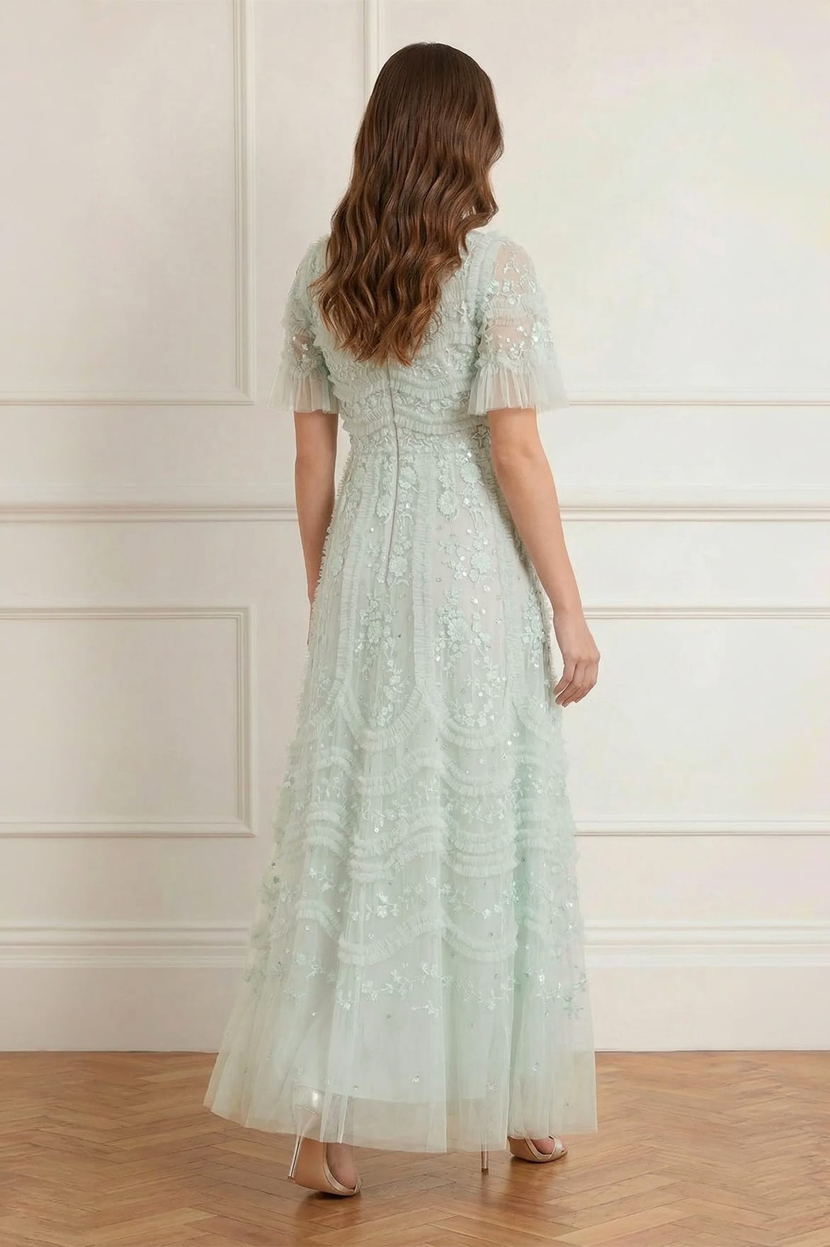 Gianna Ruffle Short Sleeve Ankle Gown – Green