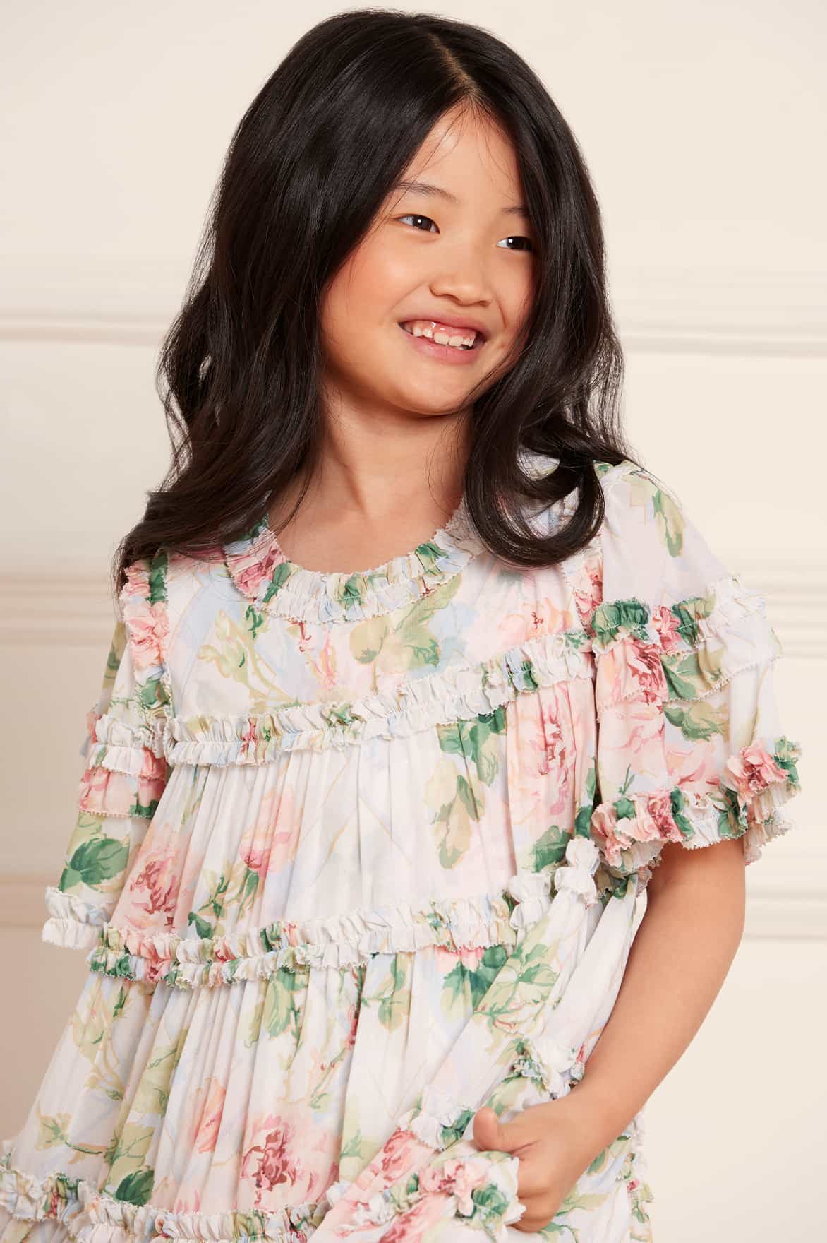 Harlequin Rose Chiffon Kids Dress – Multi | Needle & Thread