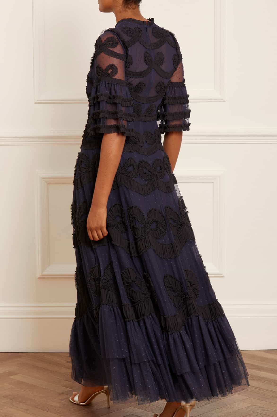 Needle & Thread embroidered maxi gown in vintage navy