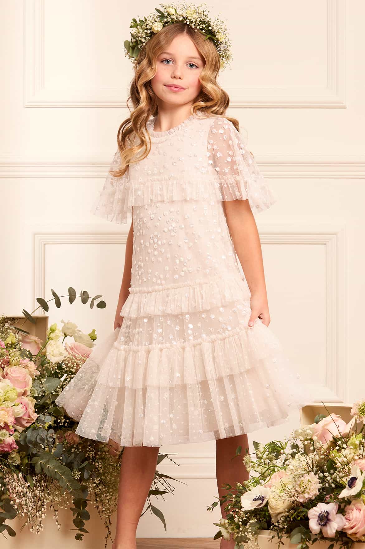 Leila Dot Tiered Cape Kids Dress Cream | Needle & Thread Leila Dot Tiered Cape Kids Dress Cream | Needle & Thread