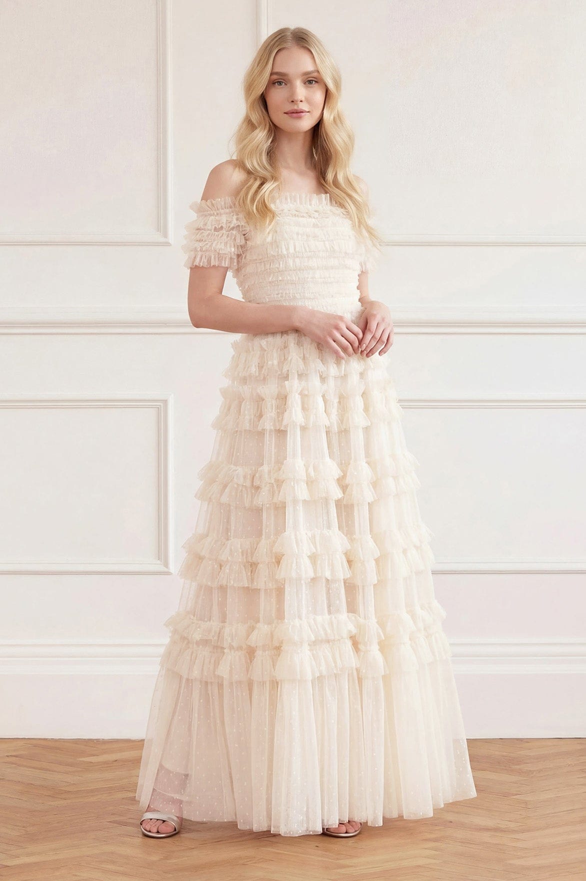 Lisette Ruffle Off Shoulder Gown – Cream