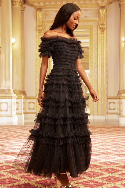 Lisette Ruffle Off Shoulder Gown – Black | Needle & Thread