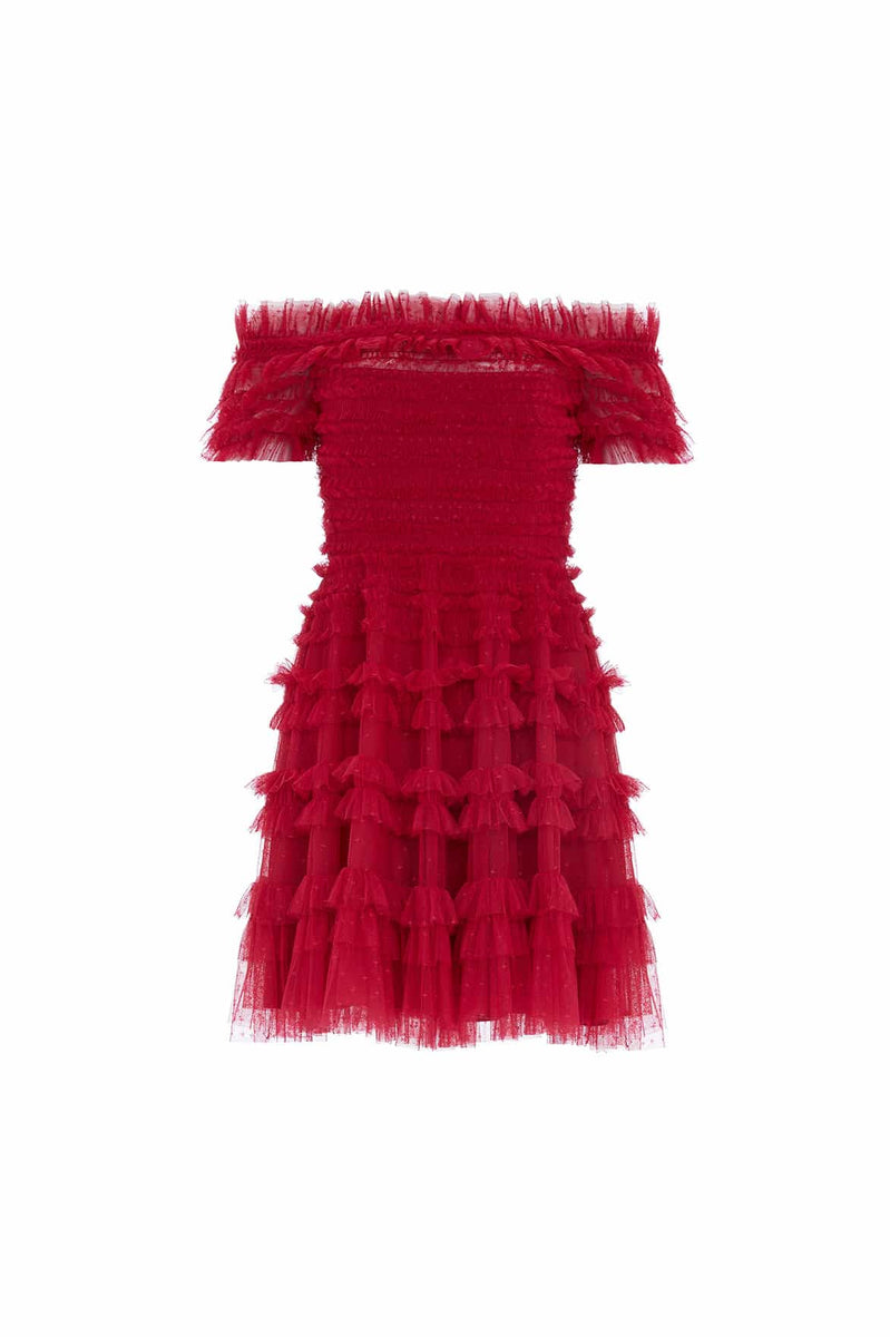 Lisette Ruffle Off Shoulder Micro Mini Dress – Red | Needle & Thread