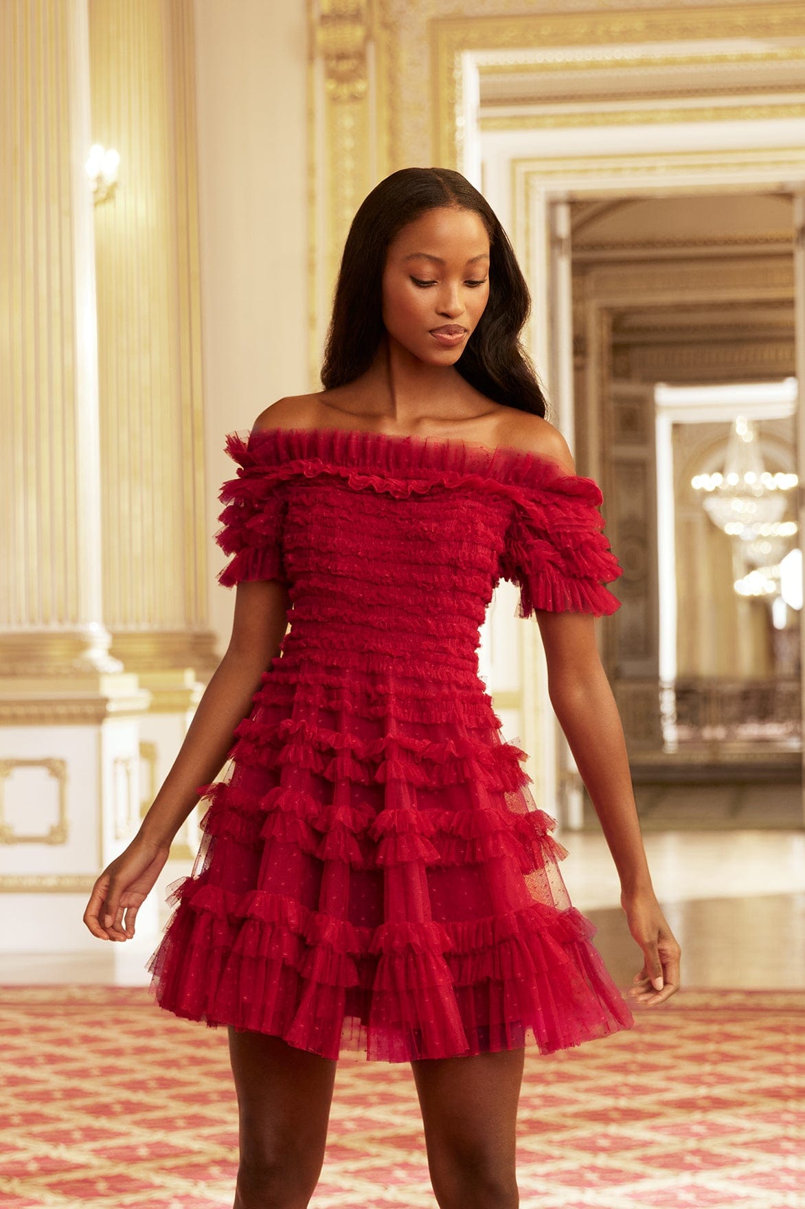 Lisette Ruffle Off Shoulder Micro Mini Dress – Red