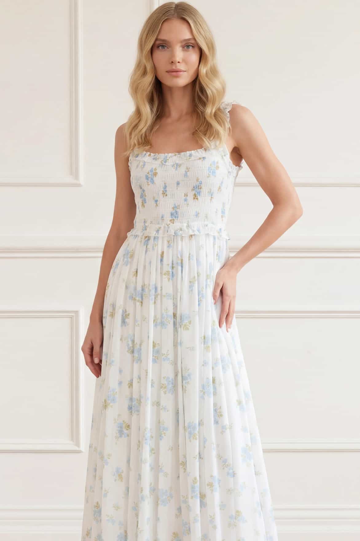 Magnolia Ditsy Chiffon Smocked Cami Ankle Gown – White