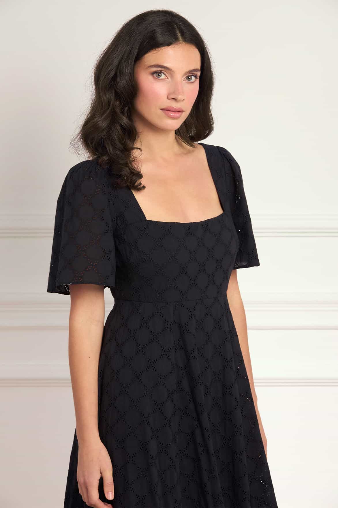 Marisol Cotton Broderie Short Sleeve Ankle Gown – Black