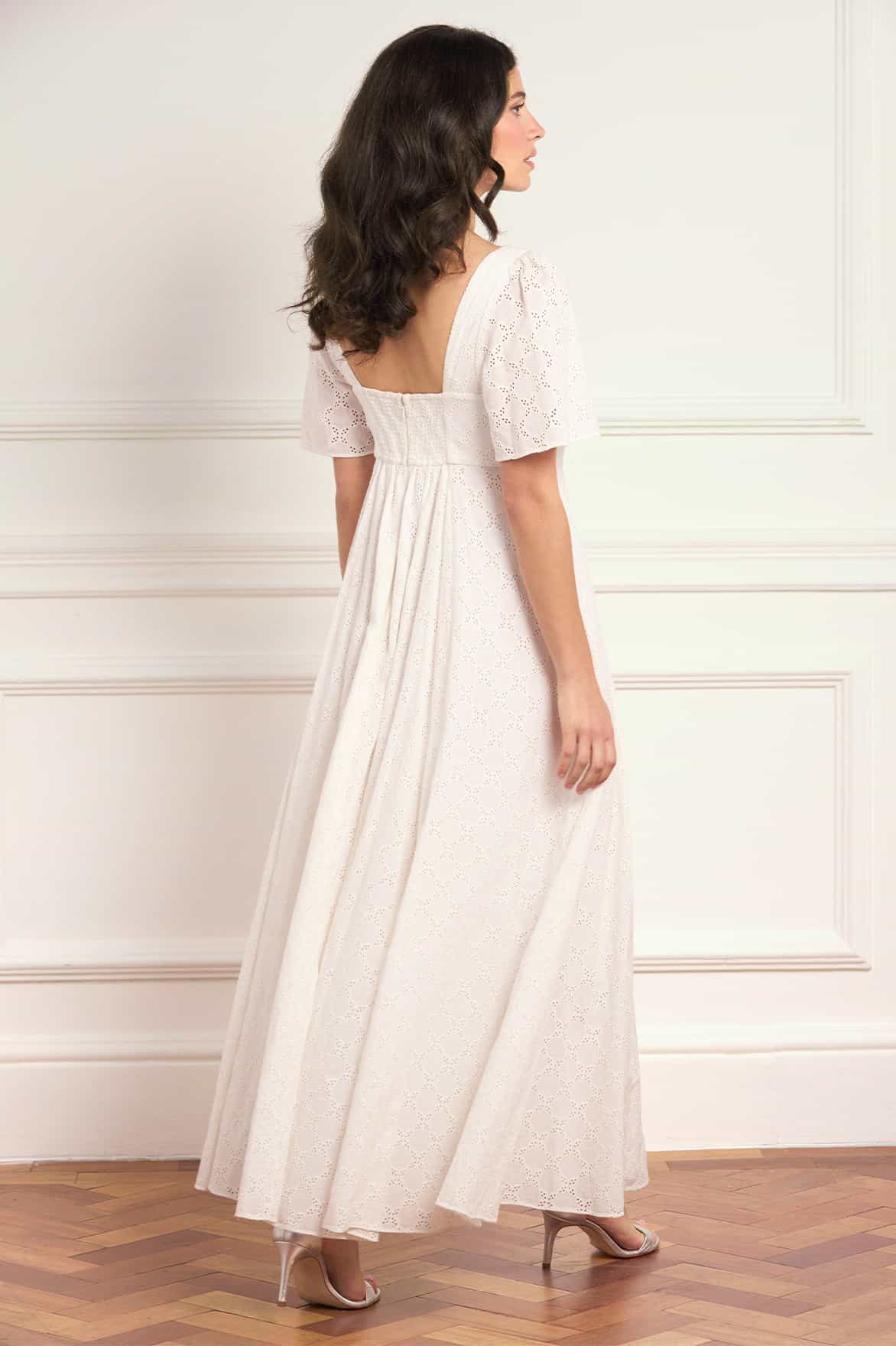 Marisol Cotton Broderie Short Sleeve Ankle Gown – White