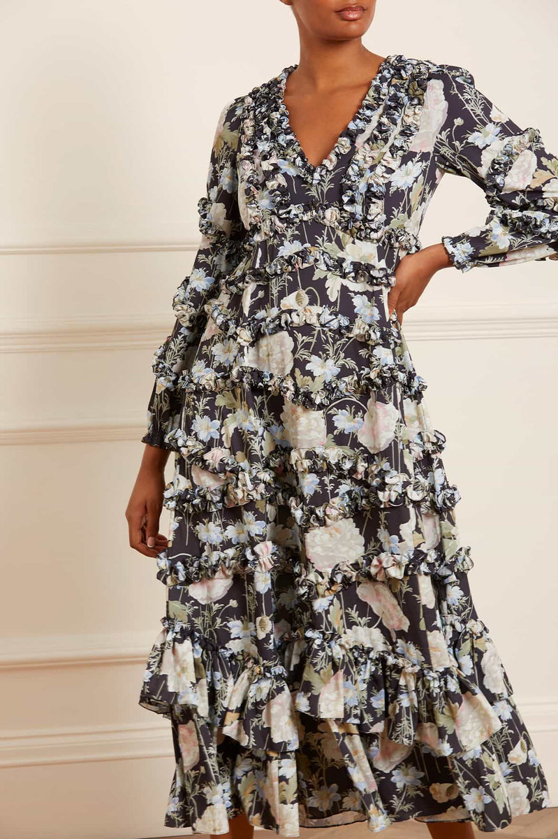 Moonlight Petals VNeck Crepe Ankle Gown Black Needle & Thread