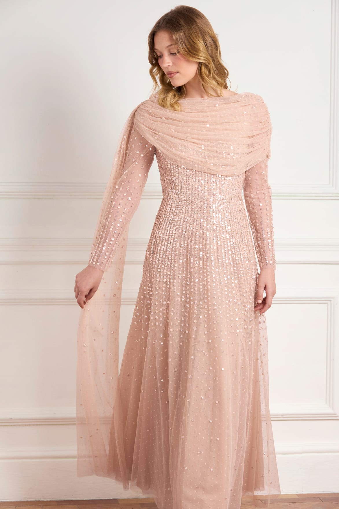 Moonlight Sequin Draped Long Sleeve Gown – Beige