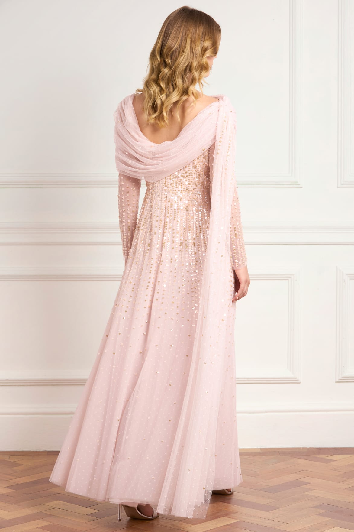 Moonlight Sequin Draped Long Sleeve Gown – Pink