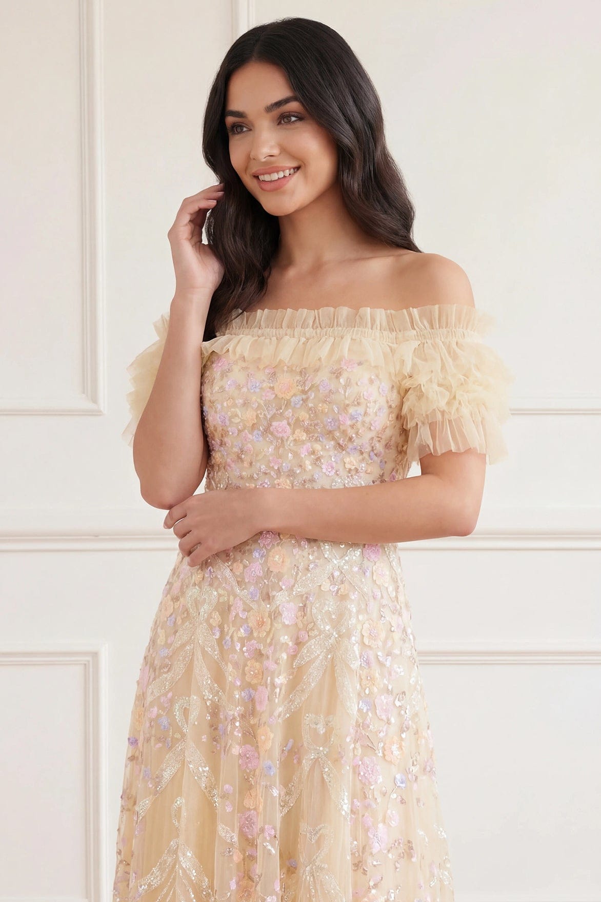 Ribbon Heart Off-Shoulder Ankle Gown