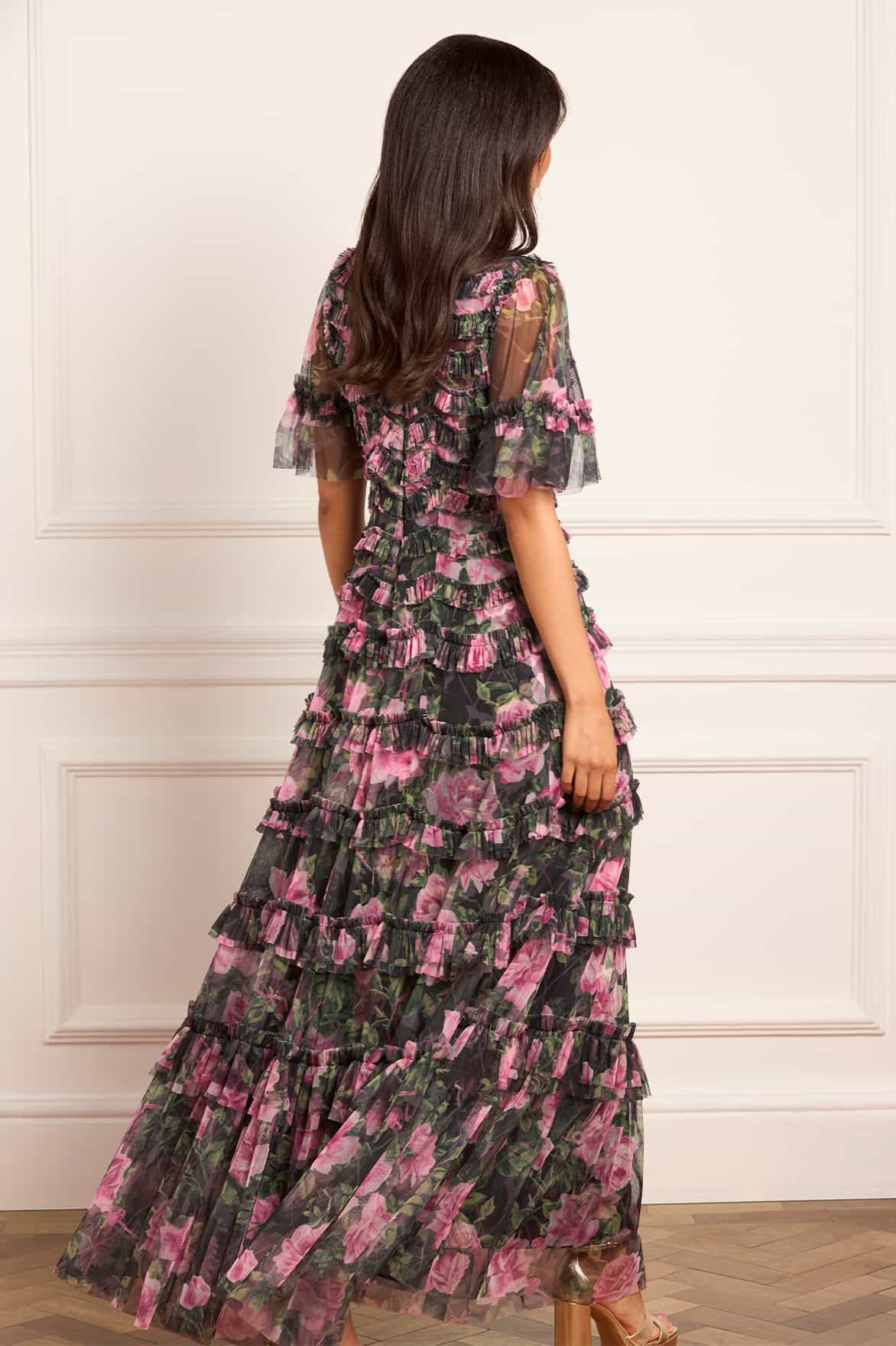 pink dress with black roses Black and Pink Tulle Party Dress With Floral Accents