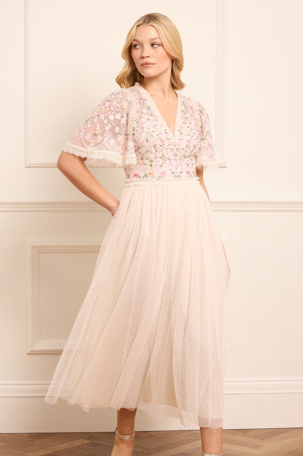 Rosie Lace Bodice Short Sleeve V-Neck Ballerina Dress Rosie Lace Bodice Short Sleeve V-Neck Ballerina Dress