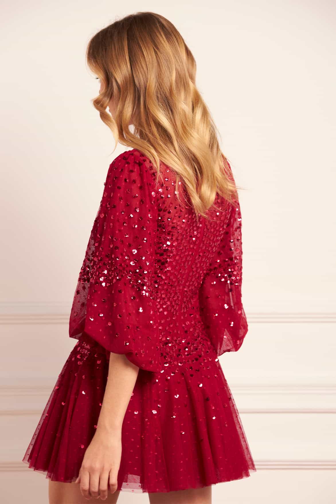 Scallop Sequin Round Neck Micro Mini Dress Red | Needle & Thread Scallop Sequin Round Neck Micro Mini Dress Red | Needle & Thread