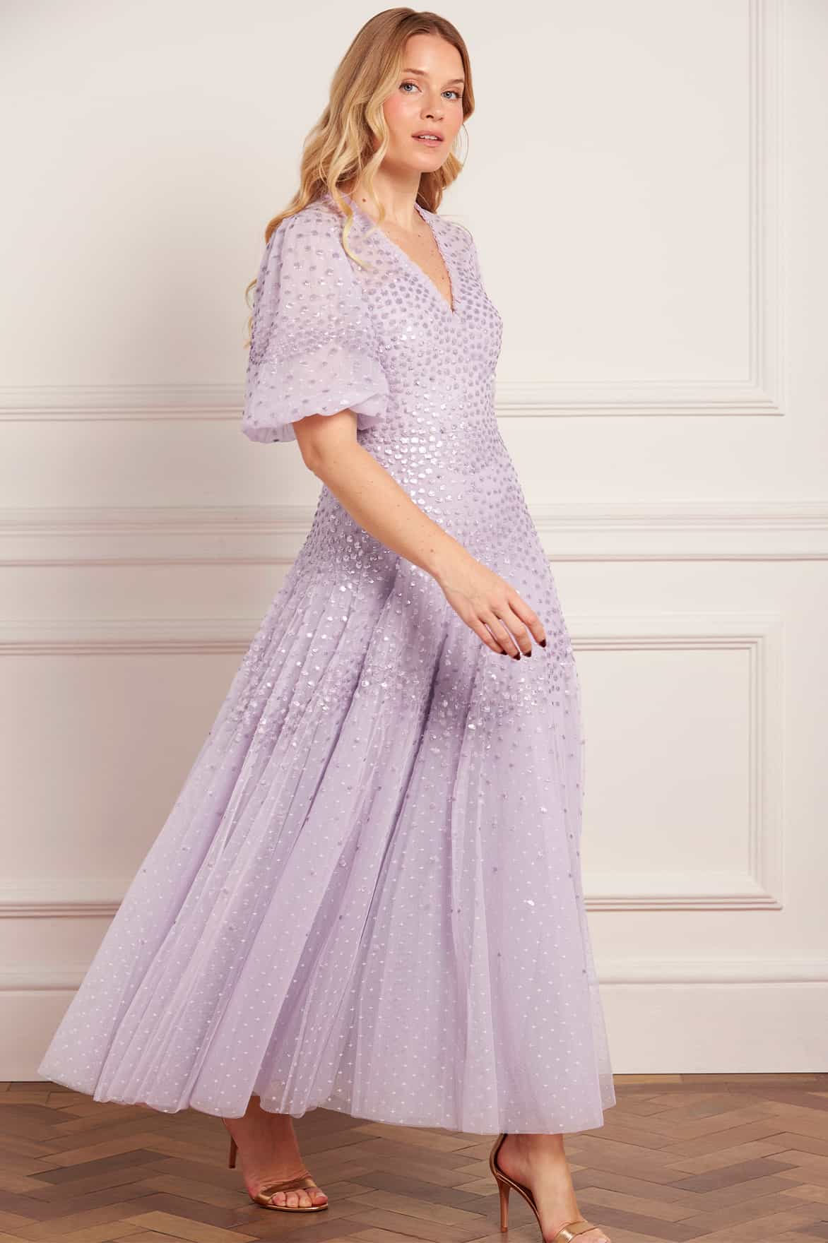 Scallop Sequin V-Neck Ankle Gown – Purple