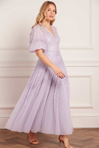 sequin lavender dress Scallop V-Neck Ankle Gown – Purple Neck Sleeves Modest Homecoming Dresses with listing:6ac690fc-8fb1-418f-b61e-097c84ae2ea0 60s gogo dress