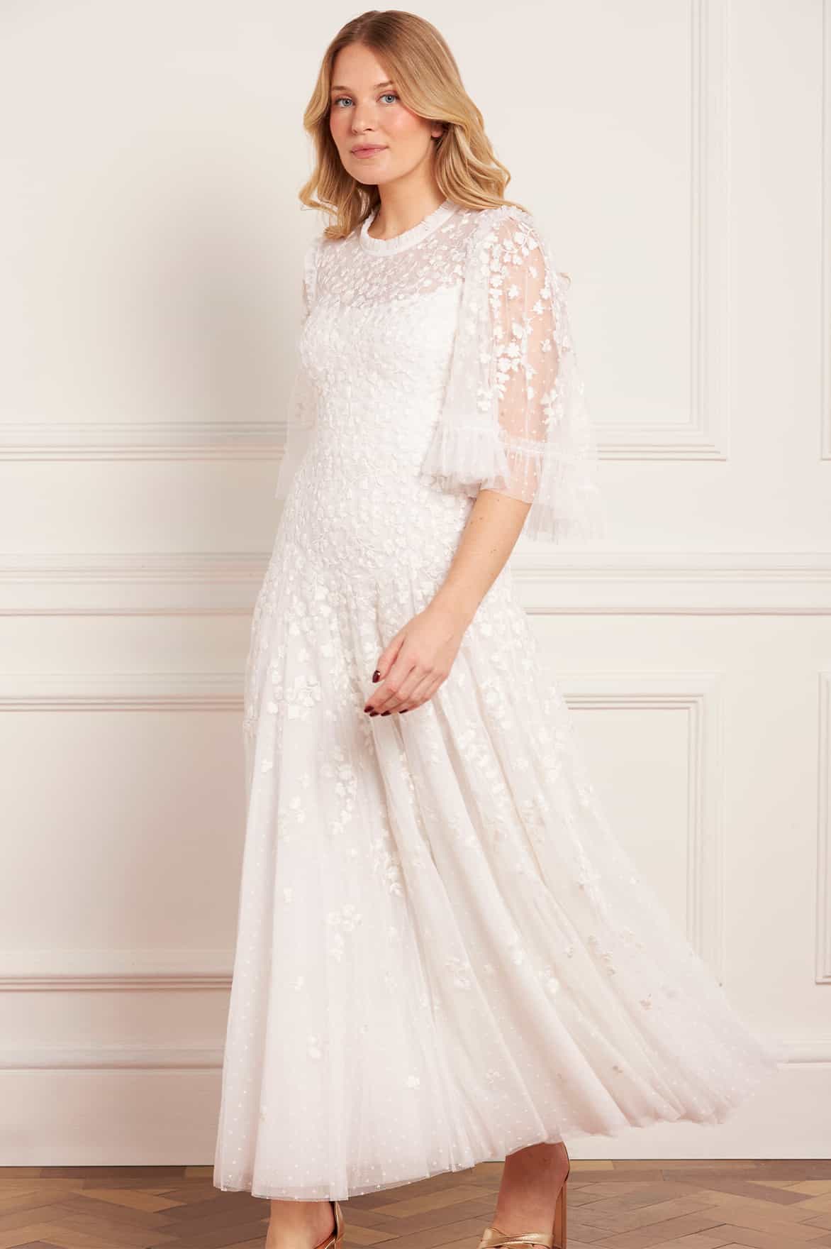 white ankle length dress Scatter Blossom Round Neck Ankle Gown – White