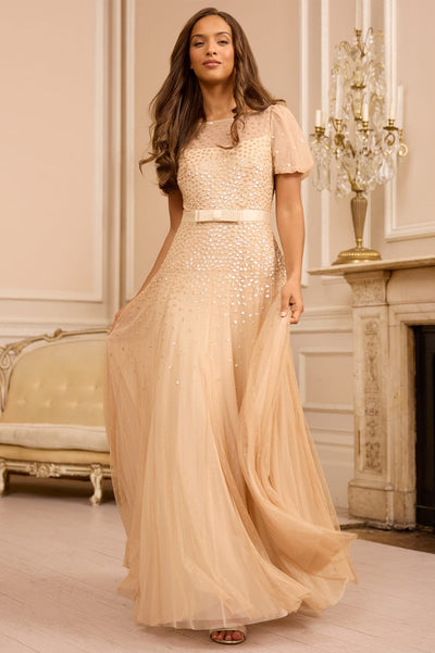Sequin Cascade Bow Short Sleeve Gown