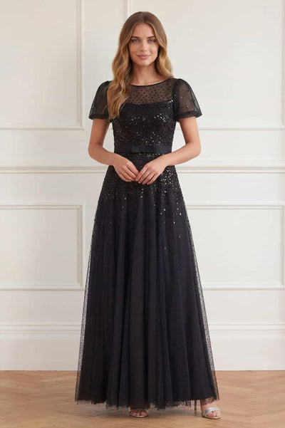 Sequin Cascade Bow Short Sleeve Gown