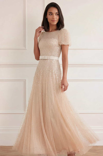 Sequin Cascade Bow Short Sleeve Gown