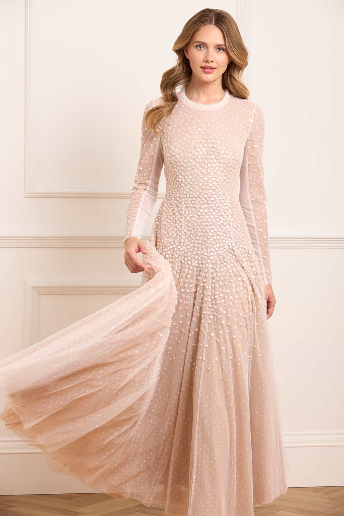 Sequin Cascade Round Neck Gown Cream | Needle & Thread Sequin Cascade Round Neck Gown Cream | Needle & Thread