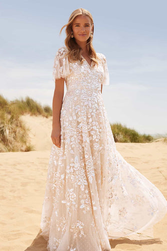 NEEDLE & THREAD Embroidered tulle long dress キャップ Sequin Paradise Short Sleeve Gown – Champagne | Needle & Thread