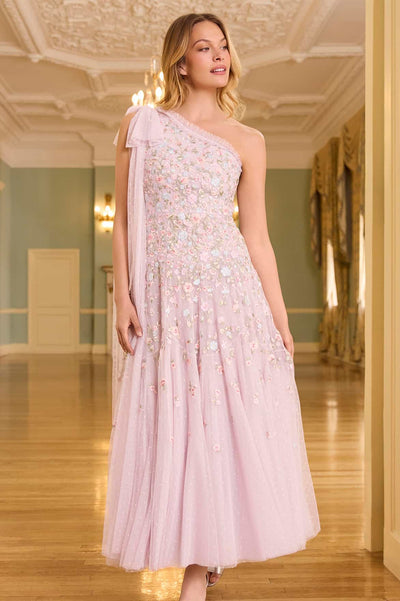 Sylvia Rose One-Shoulder Bow Ankle Gown