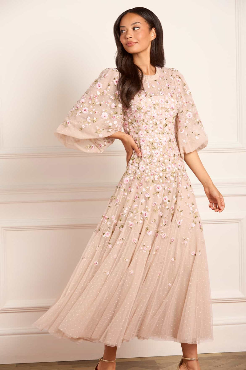 Sylvia Rose Round Neck Ankle Gown – Cream | Needle & Thread