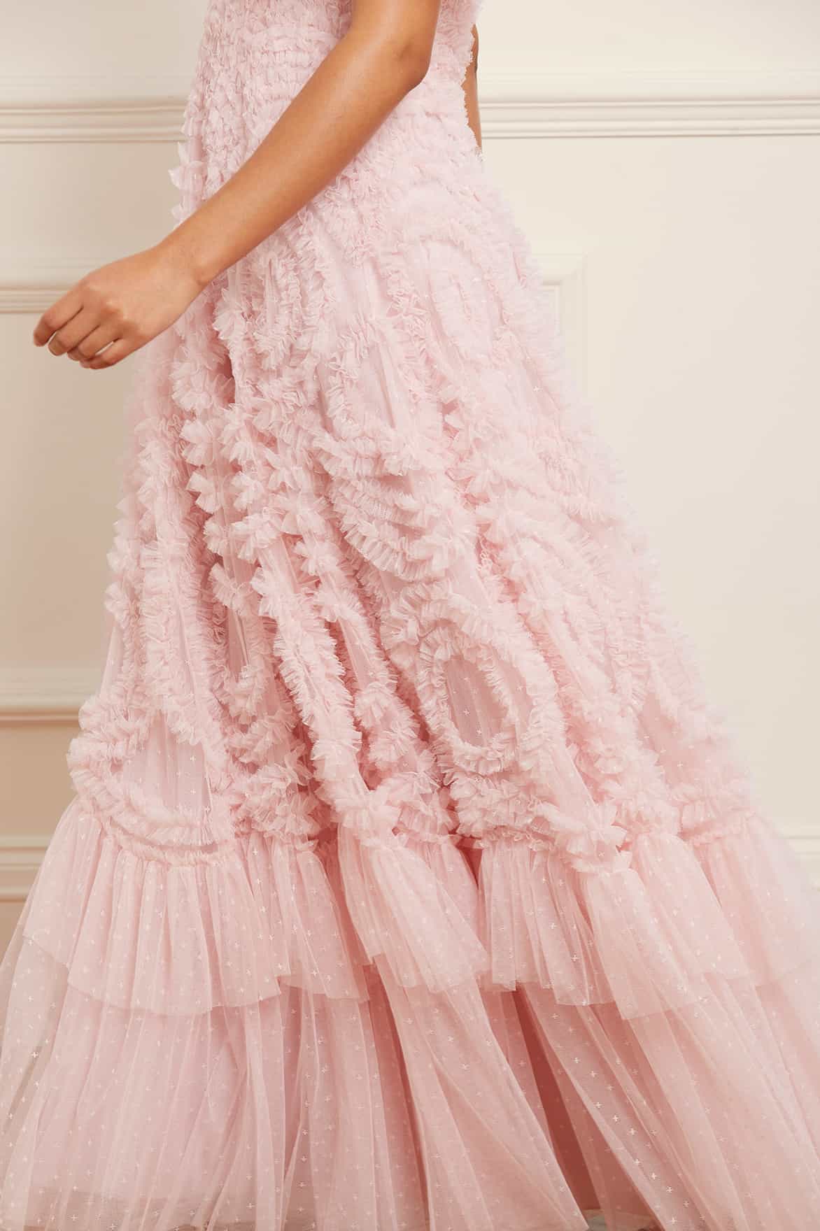 Beautiful Long Pink Tulle Ruffle Neck Prom Dress With Floral Applique -  $136.6885 #S21023 - SheProm.com