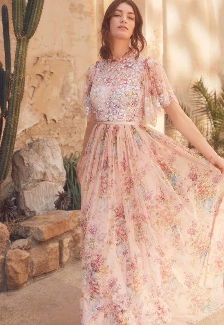 Needle & Thread floral embellished maxi dress in blush