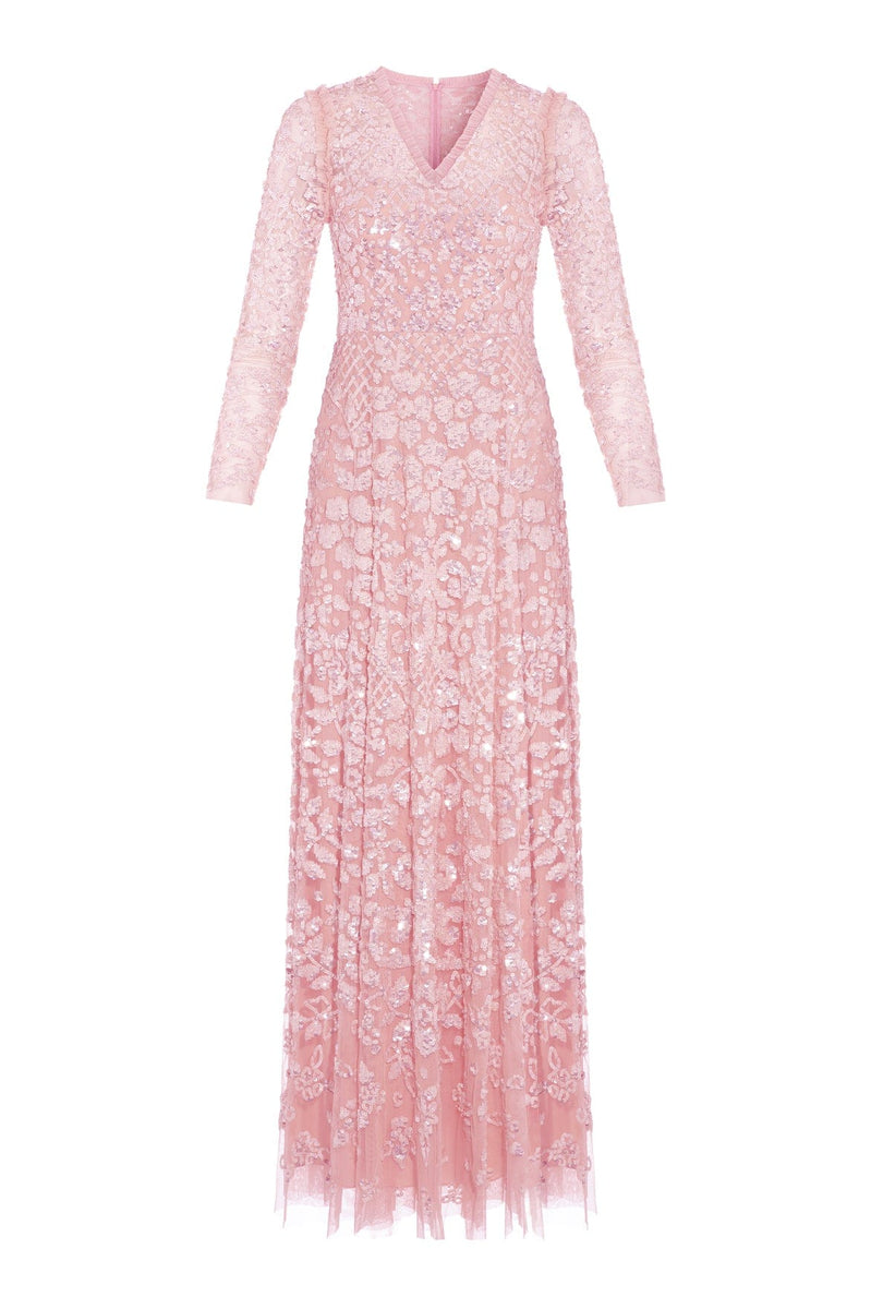 Aurelia Long Sleeve V-Neck Gown – Pink | Needle & Thread