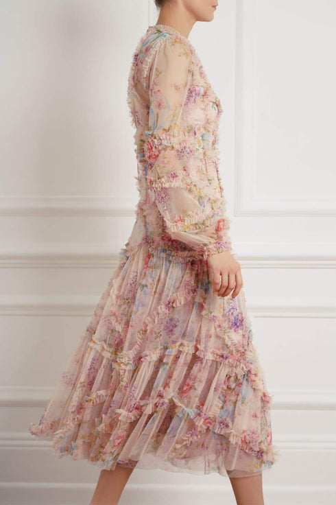 Floral Diamond Ruffle Ballerina Dress - Pink