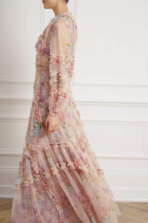Floral Diamond Ruffle Gown - Pink