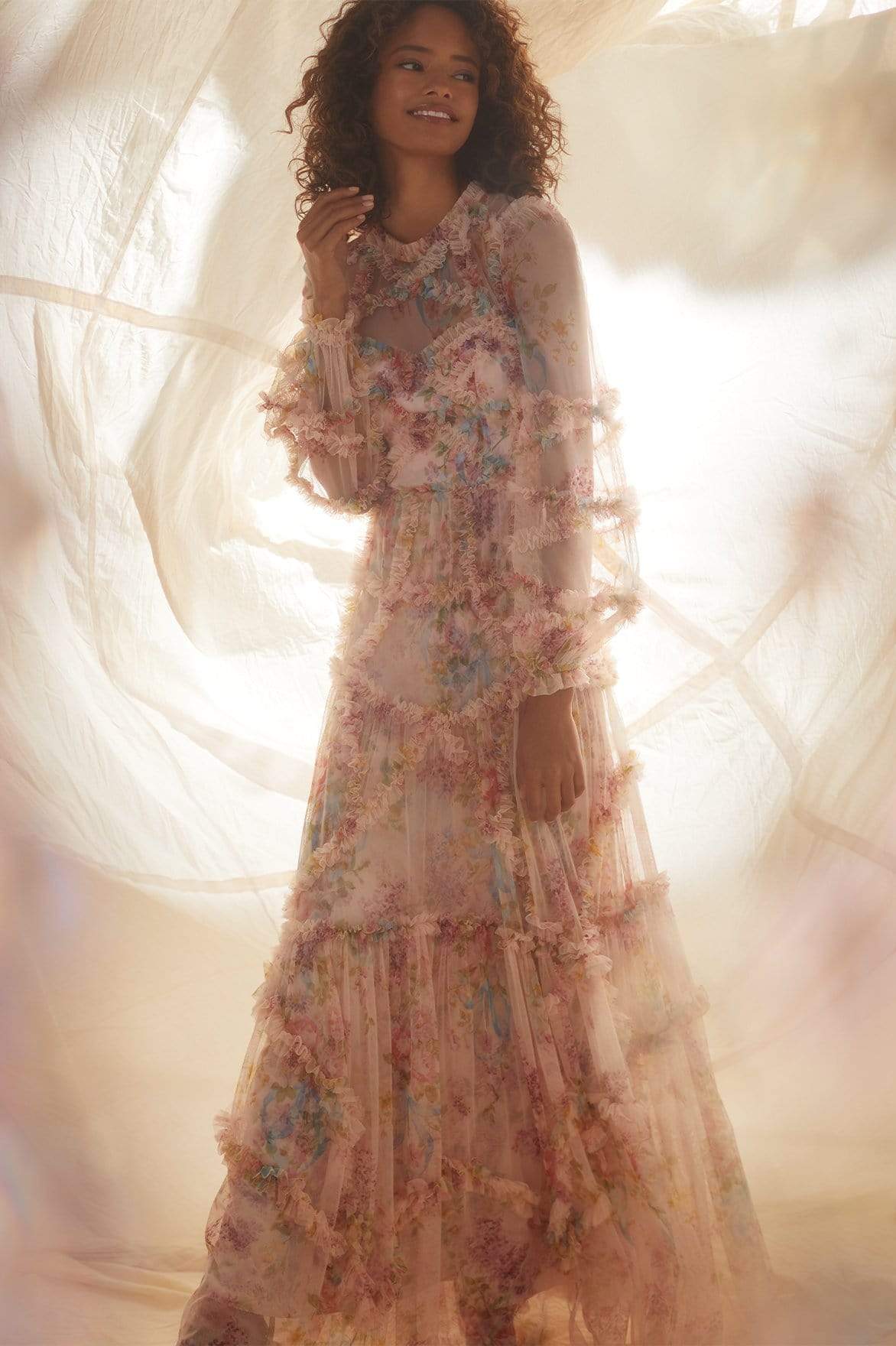 Ruffle- Sleeve Floral-Print Dress - Michael Cinco