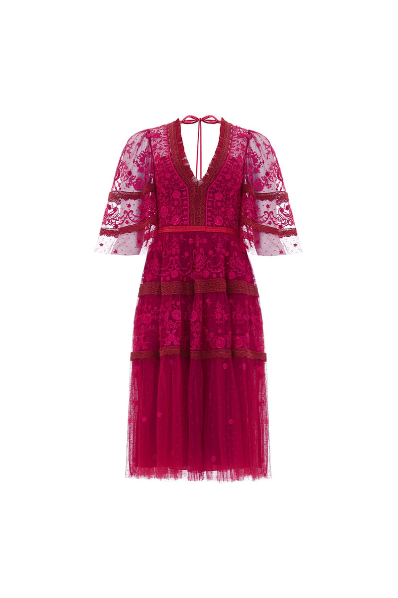 Lottie Lace Midi Dress – Red | Needle & Thread